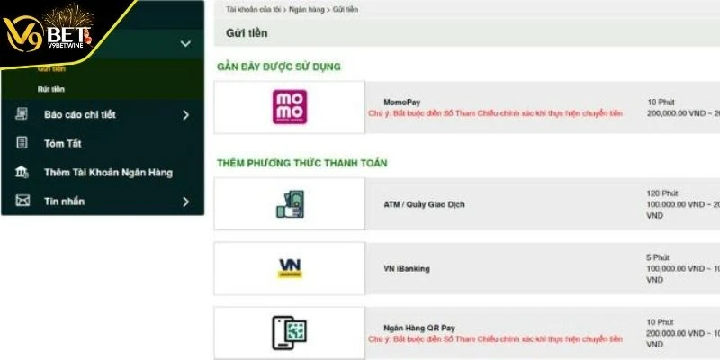 Những phương thức nạp tiền linh hoạt tại V9BET